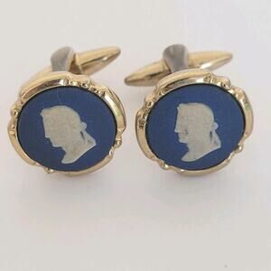 Wedgwood Jasperwear Cufflinks Set Gold Blue Tone Roman Emperor Round England